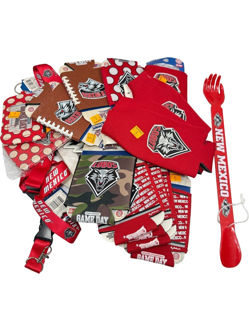 23 pc New Mexico Lobos Fan Gear Lot 14 Can & Bottle Coozies 2 Wallets 3 Lanyards